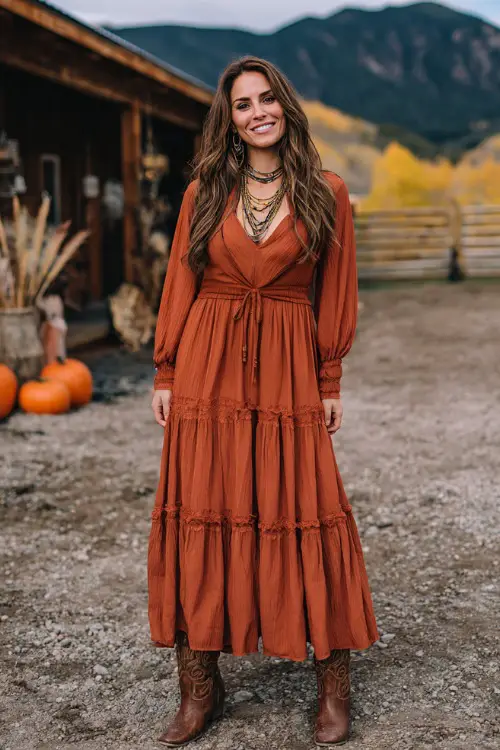 A woman wears a burnt sienna tiered maxi dress with long sleeves and a tie waist, styled with brown cowgirl boots and layered necklaces