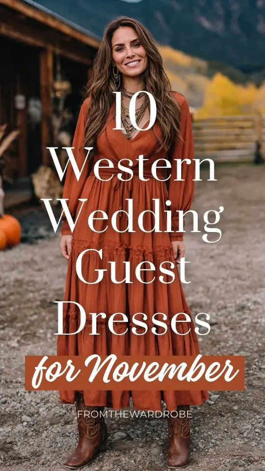 A woman wears a burnt sienna tiered western fall wedding guest dress with long sleeves and a tie waist for a November wedding (1)