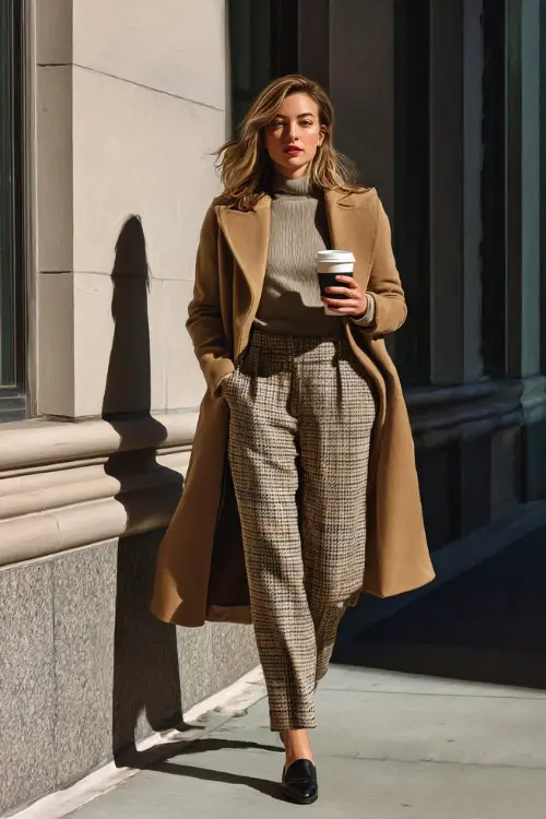 A woman wears a camel coat layered over a knit top and plaid trousers, holding a coffee cup while walking toward her office building on a crisp fall morning