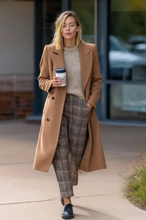 A woman wears a camel coat layered over a knit top and plaid trousers, holding a coffee cup while walking toward her office building on a crisp fall morning