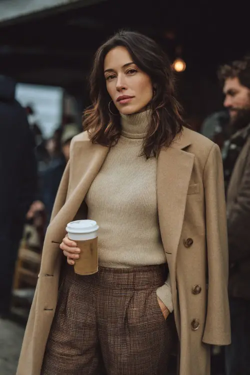 A woman wears a camel coat over a beige turtleneck and brown plaid trousers, holding a coffee cup while standing outside a Thanksgiving gathering