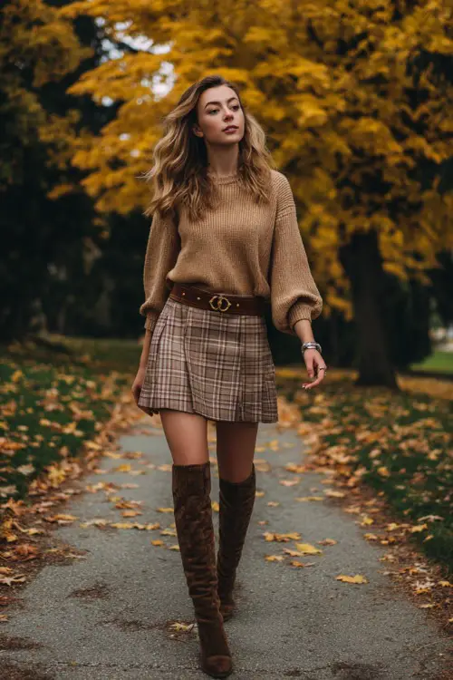 A woman wears a camel sweater tucked into a plaid A-line skirt, paired with knee-high boots and a leather belt