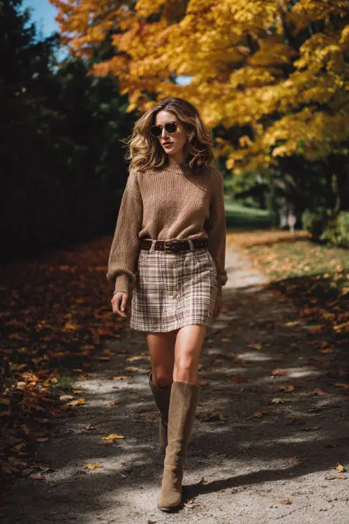 A woman wears a camel sweater tucked into a plaid A-line skirt, paired with knee-high boots and a leather belt