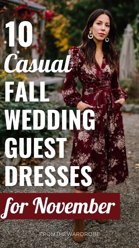 A woman wears a casual burgundy floral fall wedding guest dress with long sleeves, with suede ankle boots for a November wedding