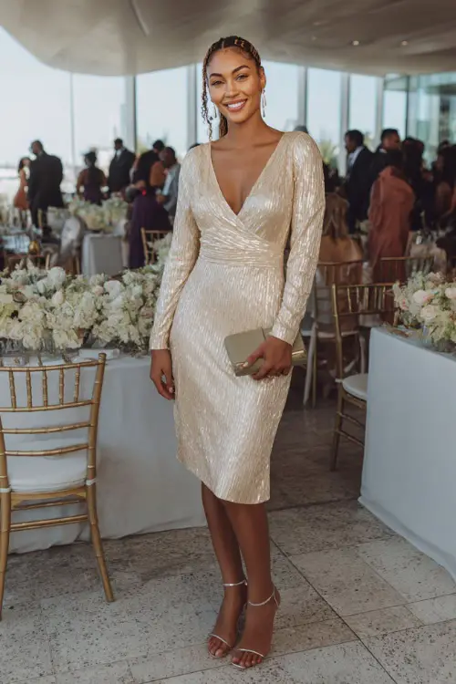 A woman wears a champagne long-sleeve midi dress with subtle shimmer, styled with strappy heels and a clutch
