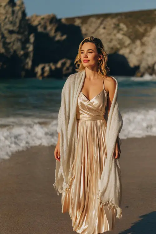 A woman wears a champagne pleated midi dress with thin straps, layered with a soft white shawl 