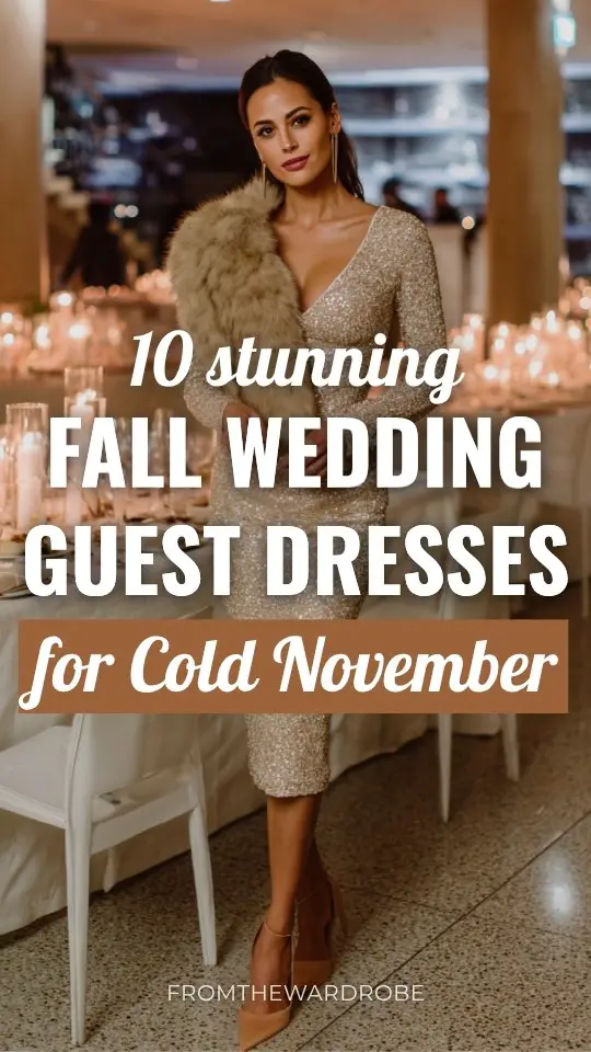 A woman wears a champagne sequin fall wedding guest dress, layered with a beige faux fur wrap and matching heels for a cold November wedding