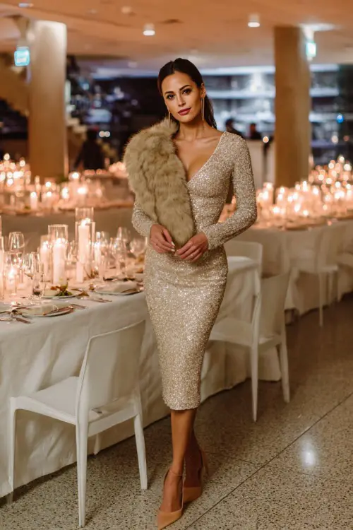 A woman wears a champagne sequin long-sleeve midi dress, layered with a beige faux fur wrap and matching heels 