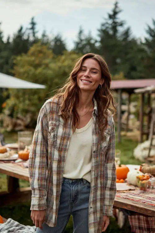 A woman wears a checked shacket over a cream top and jeans, standing near a rustic outdoor Thanksgiving picnic setup with pumpkins and blankets