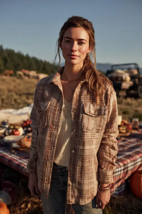 A woman wears a checked shacket over a cream top and jeans, standing near a rustic outdoor Thanksgiving picnic setup with pumpkins and blankets