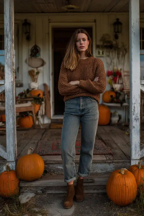 A woman wears a chunky knit sweater in warm brown, straight-leg jeans, and ankle boots, standing outside a cozy farmhouse decorated with pumpkins