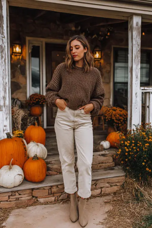 A woman wears a chunky knit sweater in warm brown, straight-leg jeans, and ankle boots, standing outside a cozy farmhouse decorated with pumpkins