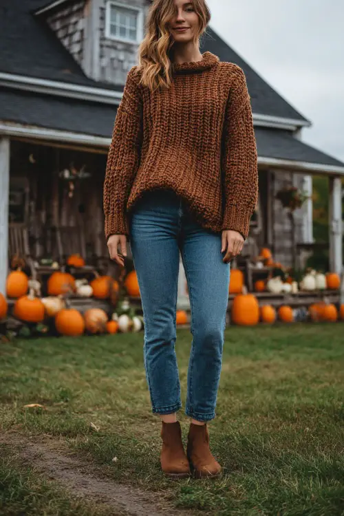 A woman wears a chunky knit sweater in warm brown, straight-leg jeans, and ankle boots, standing outside a cozy farmhouse decorated with pumpkins