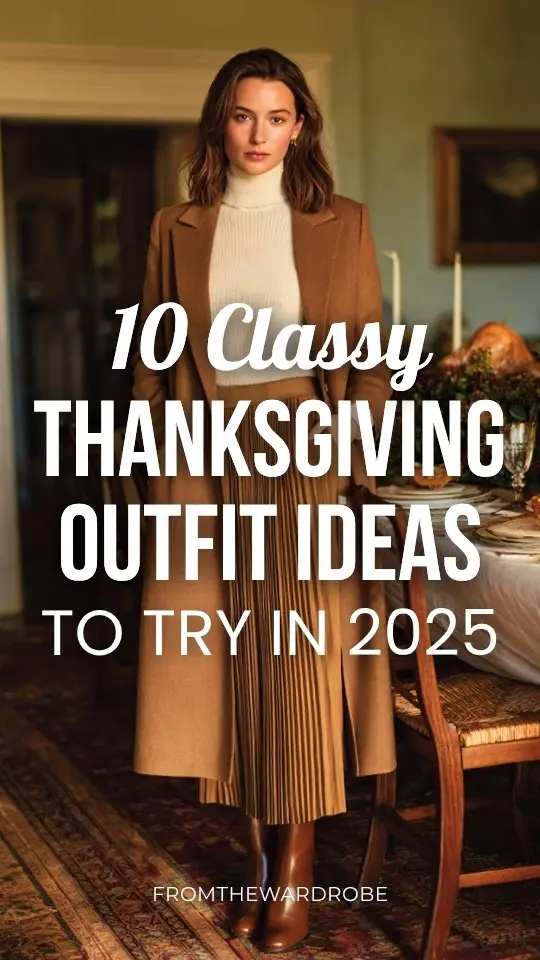 A woman wears a classy Thanksgiving outfit with a tailored camel coat over a cream turtleneck sweater, pleated midi skirt, and ankle boots