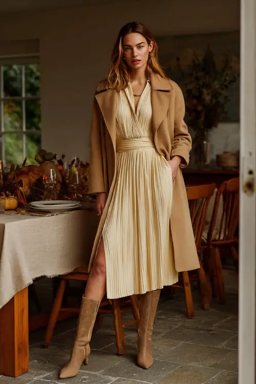 A woman wears a cream pleated midi dress with a camel coat draped over her shoulders and heeled boots, standing beside an elegantly set Thanksgiving table