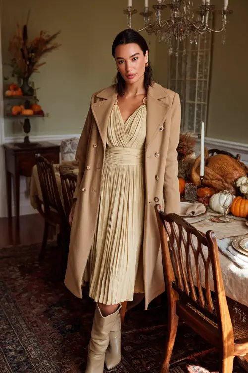 A woman wears a cream pleated midi dress with a camel coat draped over her shoulders and heeled boots, standing beside an elegantly set Thanksgiving table