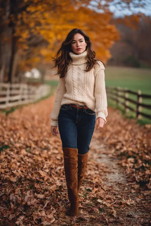 A woman wears a cream turtleneck sweater, dark denim jeans, and brown suede boots, walking through a park covered in autumn leaves