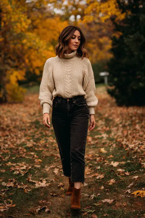 A woman wears a cream turtleneck sweater, dark denim jeans, and brown suede boots, walking through a park covered in autumn leaves