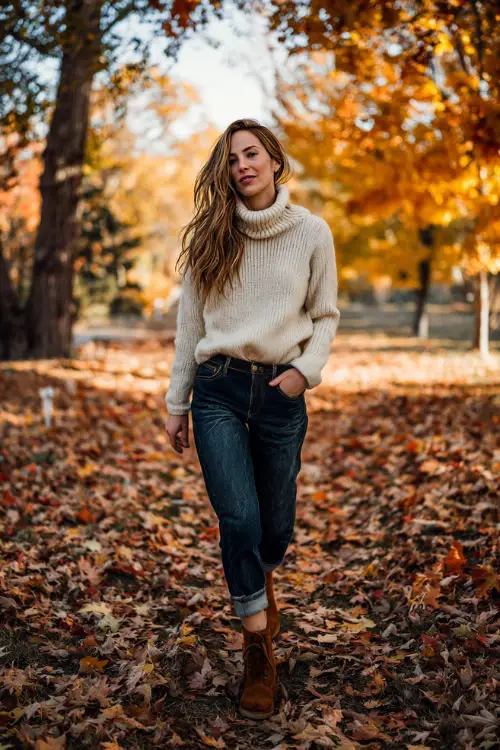 A woman wears a cream turtleneck sweater, dark denim jeans, and brown suede boots, walking through a park covered in autumn leaves