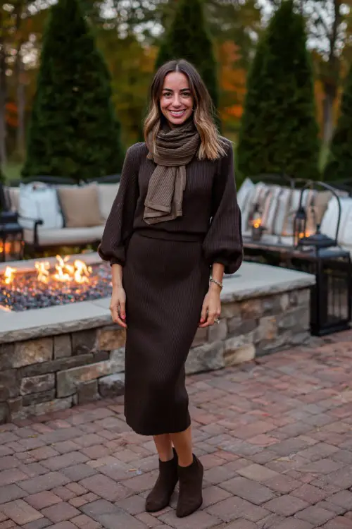 A woman wears a dark brown knit midi dress with balloon sleeves, paired with ankle boots and a light scarf 