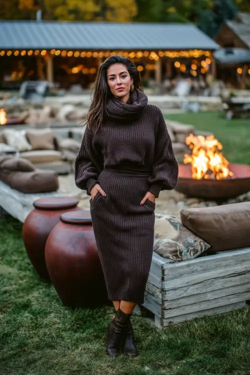 A woman wears a dark brown knit midi dress with balloon sleeves, paired with ankle boots and a light scarf