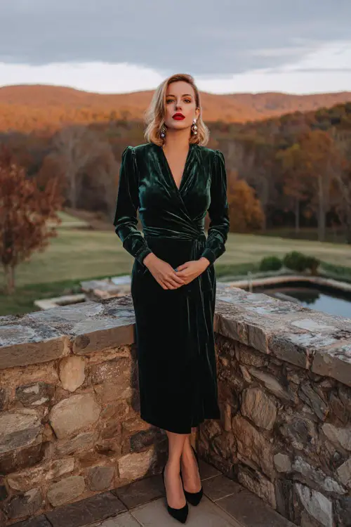 A woman wears a dark emerald green velvet wrap dress with long sleeves, standing on a stone terrace overlooking fall trees and golden hills in the distance