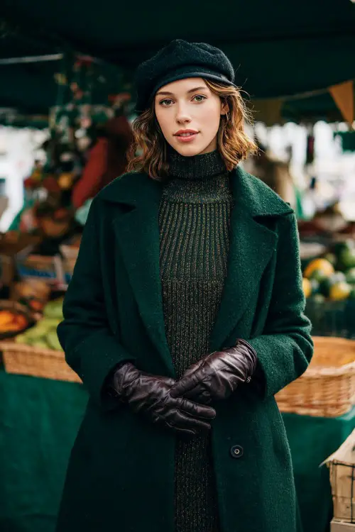 A woman wears a dark green wool coat over a knit turtleneck dress, accessorized with leather gloves and a beret