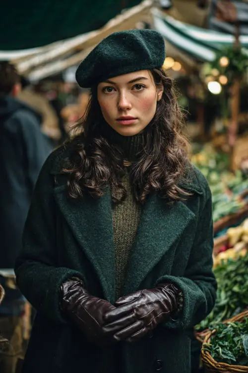 A woman wears a dark green wool coat over a knit turtleneck dress, accessorized with leather gloves and a beret