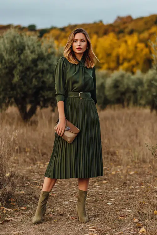 A woman wears a dark olive green pleated midi dress with a belted waist, paired with suede ankle boots and a clutch 