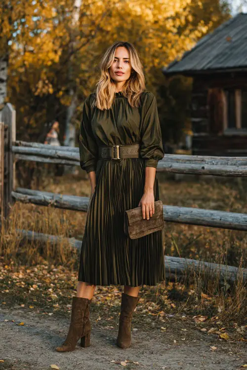 A woman wears a dark olive green pleated midi dress with a belted waist, paired with suede ankle boots and a clutch
