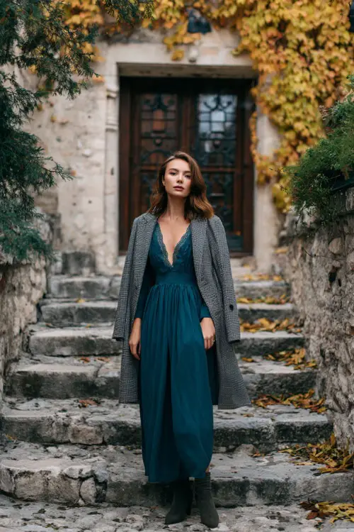 A woman wears a dark teal chiffon maxi dress with long sleeves and lace accents, layered with a gray wool coat and heeled boots 