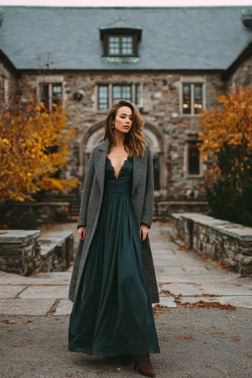 A woman wears a dark teal chiffon maxi dress with long sleeves and lace accents, layered with a gray wool coat and heeled boots