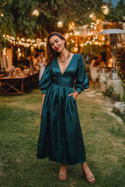 A woman wears a dark teal-green maxi dress with bishop sleeves and a cinched waist, paired with block heels and layered necklaces 