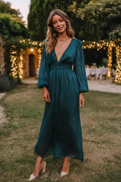 A woman wears a dark teal-green maxi dress with bishop sleeves and a cinched waist, paired with block heels and layered necklaces