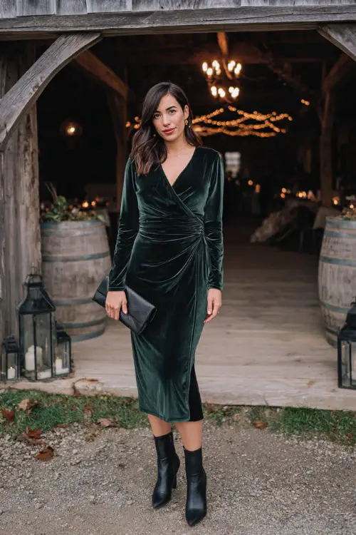 A woman wears a deep forest green velvet wrap dress with long sleeves, paired with black heeled boots and a clutch 