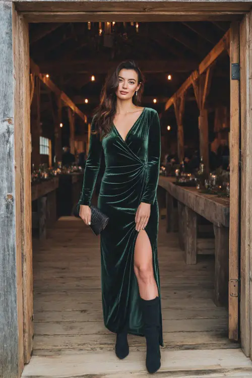 A woman wears a deep forest green velvet wrap dress with long sleeves, paired with black heeled boots and a clutch