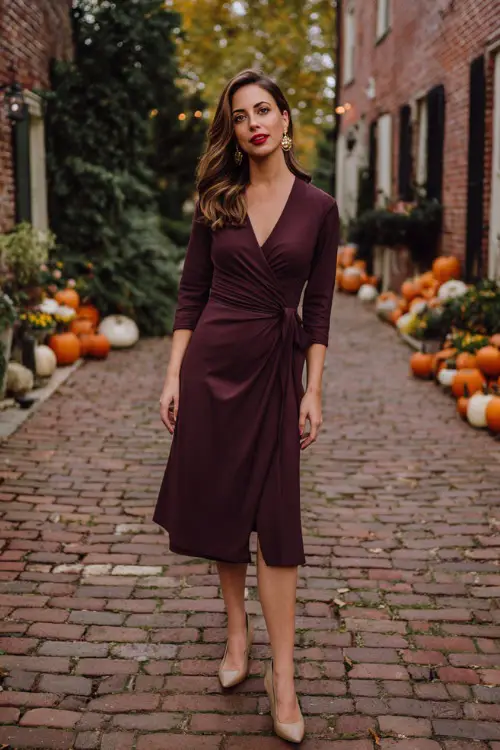 A woman wears a deep plum wrap midi dress with three-quarter sleeves, paired with block heels and gold hoop earrings 