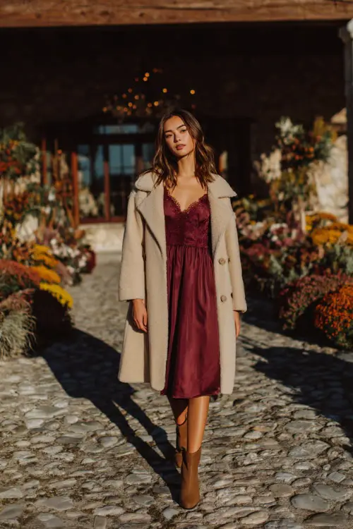 A woman wears a deep wine-colored midi dress with lace sleeves, layered with a light tan overcoat and suede booties 