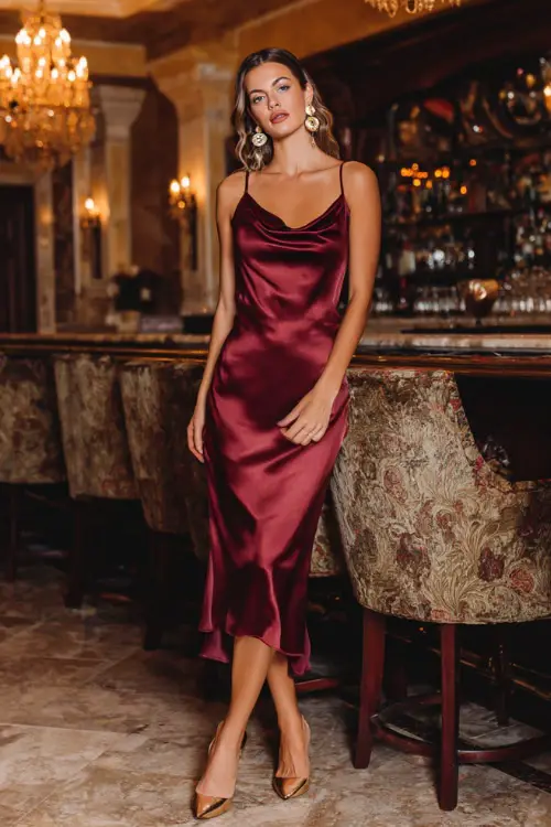 A woman wears a deep wine-red satin midi dress with a cowl neckline and thin straps, styled with gold heels and statement earrings