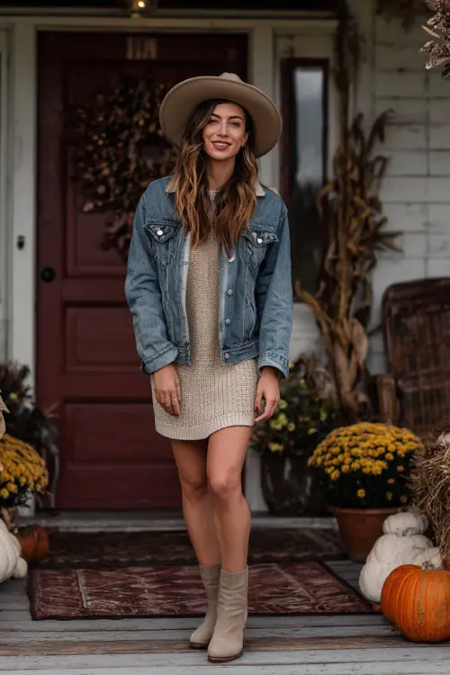 A woman wears a denim jacket over a beige knit dress, ankle boots, and a felt hat, standing on a front porch with fall wreaths and decorations