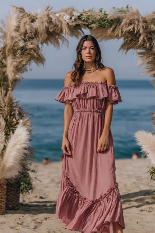 A woman wears a dusty rose off-the-shoulder maxi dress with a ruffled hem, paired with delicate sandals and seashell jewelry 