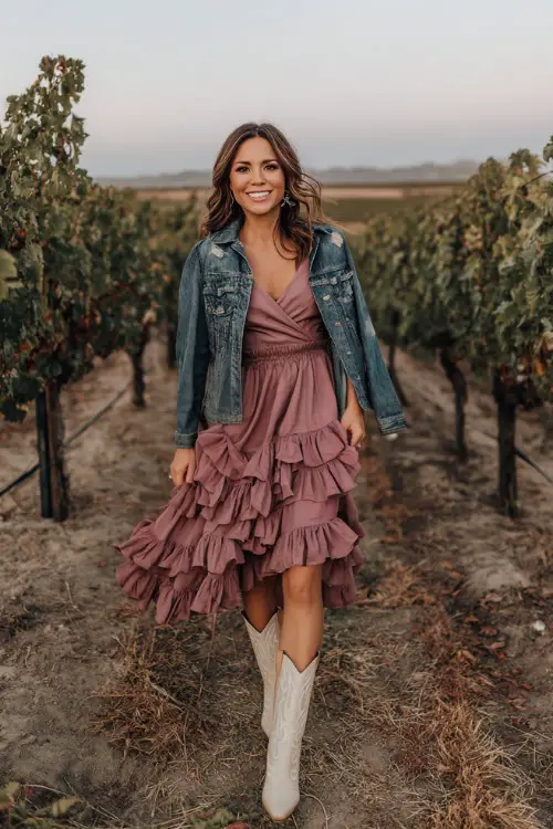 A woman wears a dusty rose ruffled midi dress with short sleeves, paired with cream cowboy boots and a denim jacket over her shoulders 
