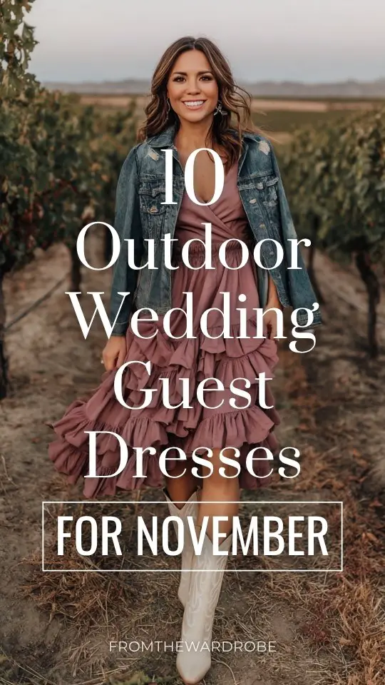 A woman wears a dusty rose ruffled wedding guest dress, with cream cowboy boots for an outdoor November wedding