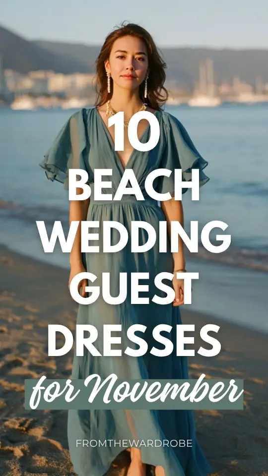 A woman wears a fall beach wedding guest dress with flutter sleeves and a flowy skirt for a November wedding