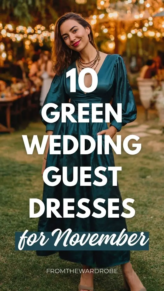 A woman wears a fall green wedding guest dress with bishop sleeves and a cinched waist for a November wedding