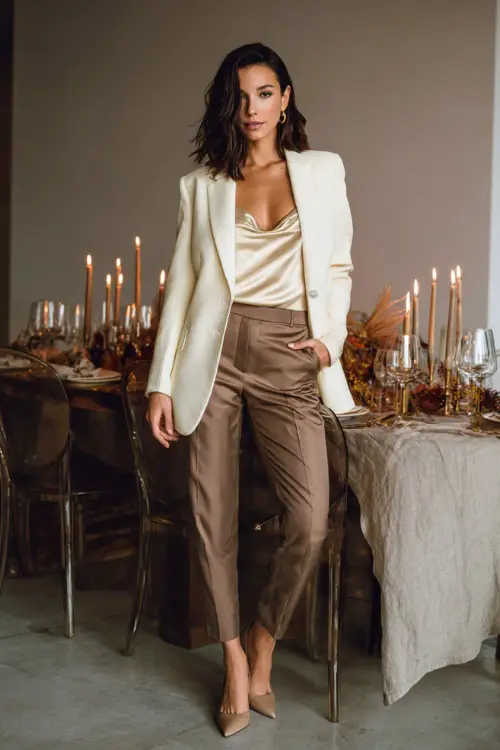 A woman wears a fitted cream blazer over a silk camisole, tailored trousers
