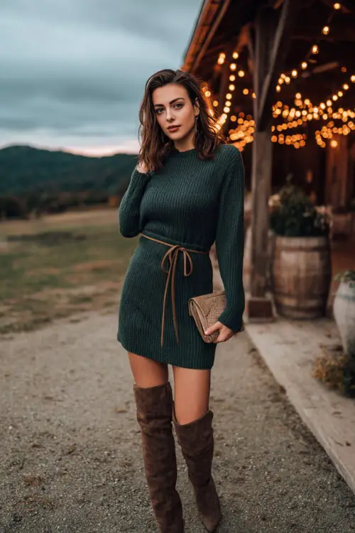 A woman wears a forest green knit sweater dress with a tie belt, styled with brown knee-high boots and a small clutch 