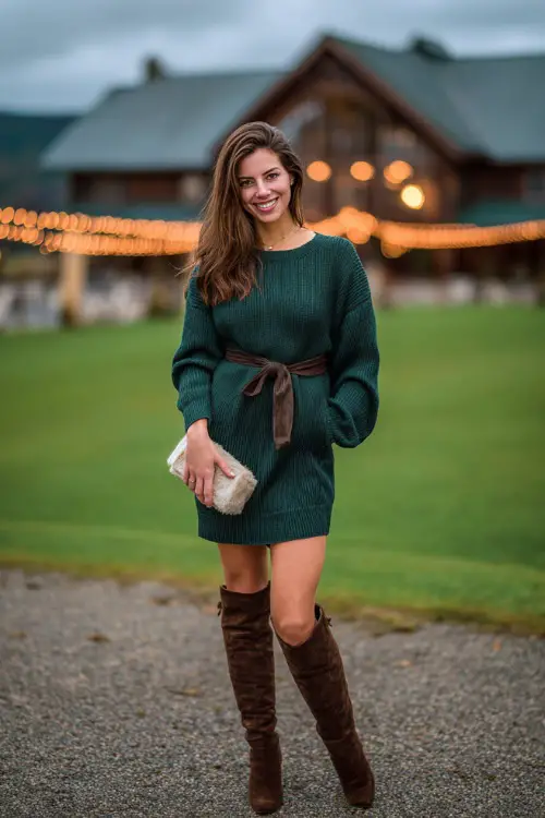 A woman wears a forest green knit sweater dress with a tie belt, styled with brown knee-high boots and a small clutch