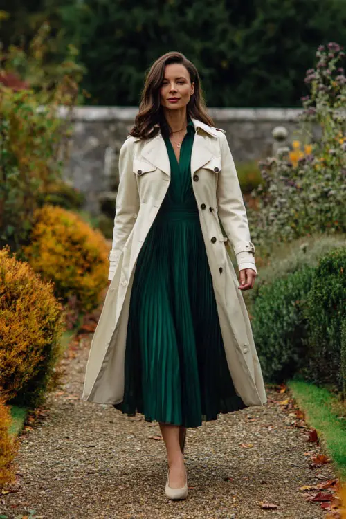 A woman wears a forest green long-sleeve pleated gown with a fitted waist, layered under a cream trench coat and styled with closed-toe heels 