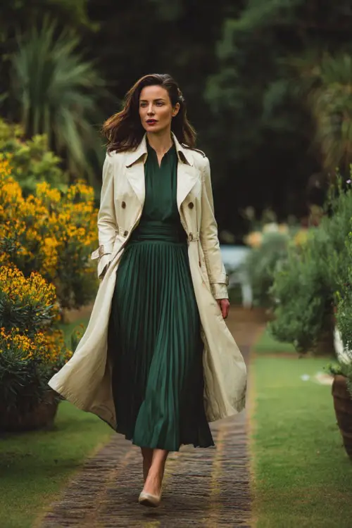 A woman wears a forest green long-sleeve pleated gown with a fitted waist, layered under a cream trench coat and styled with closed-toe heels